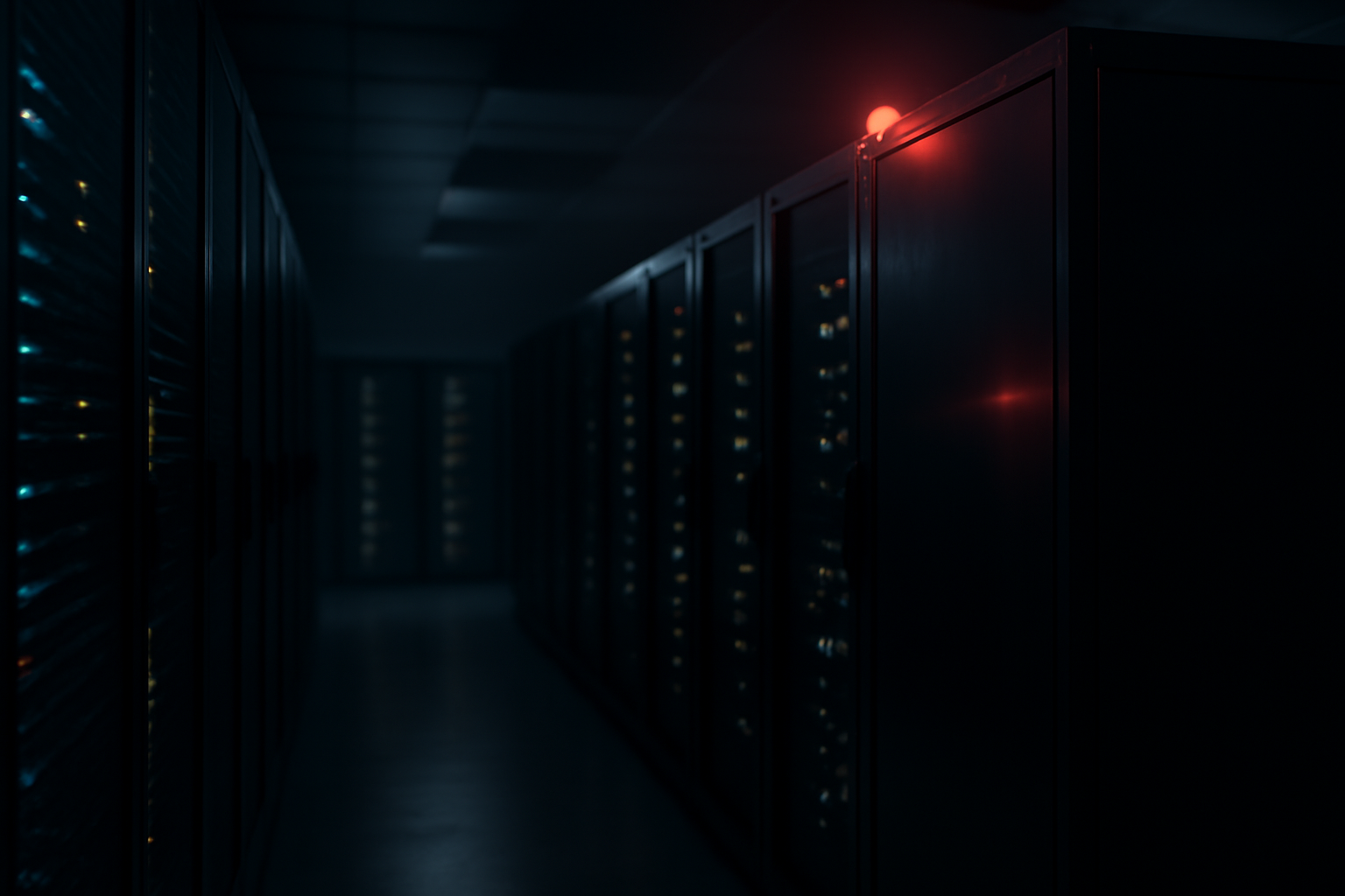Server room with rows of blinking data racks and a red warning glow suggesting a security breach