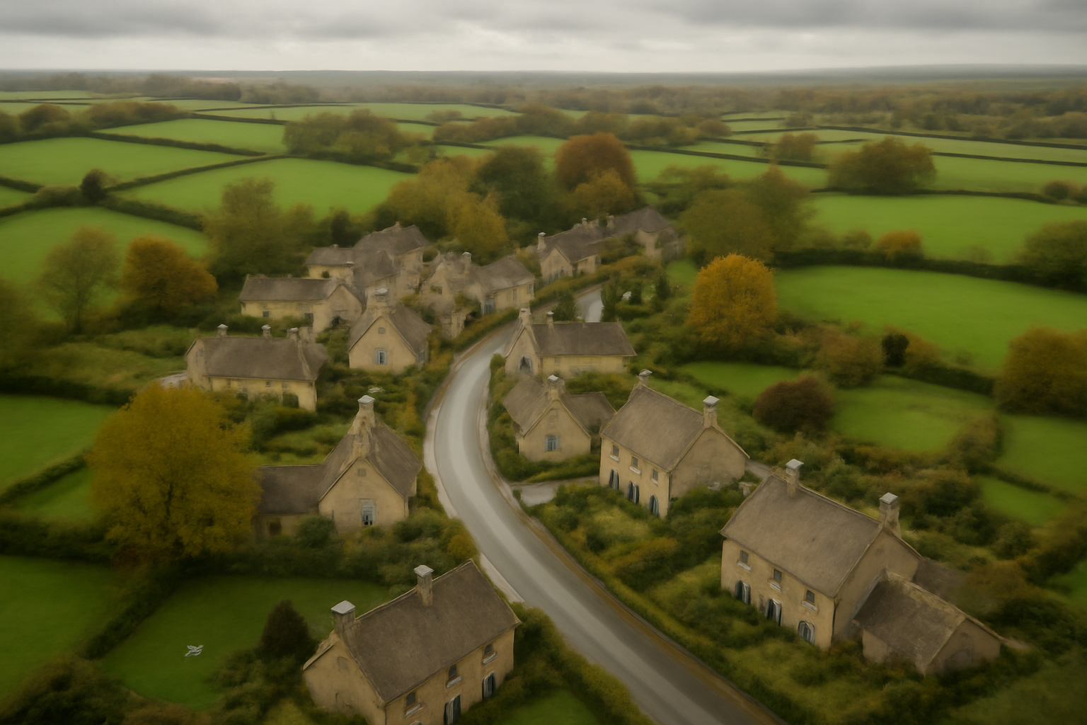 Aerial view of a small rural English village surrounded by farmland under an overcast sky