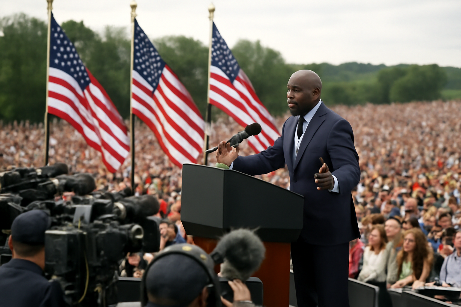 A politician addresses a large outdoor campaign rally crowd near Atlanta under daytime skies