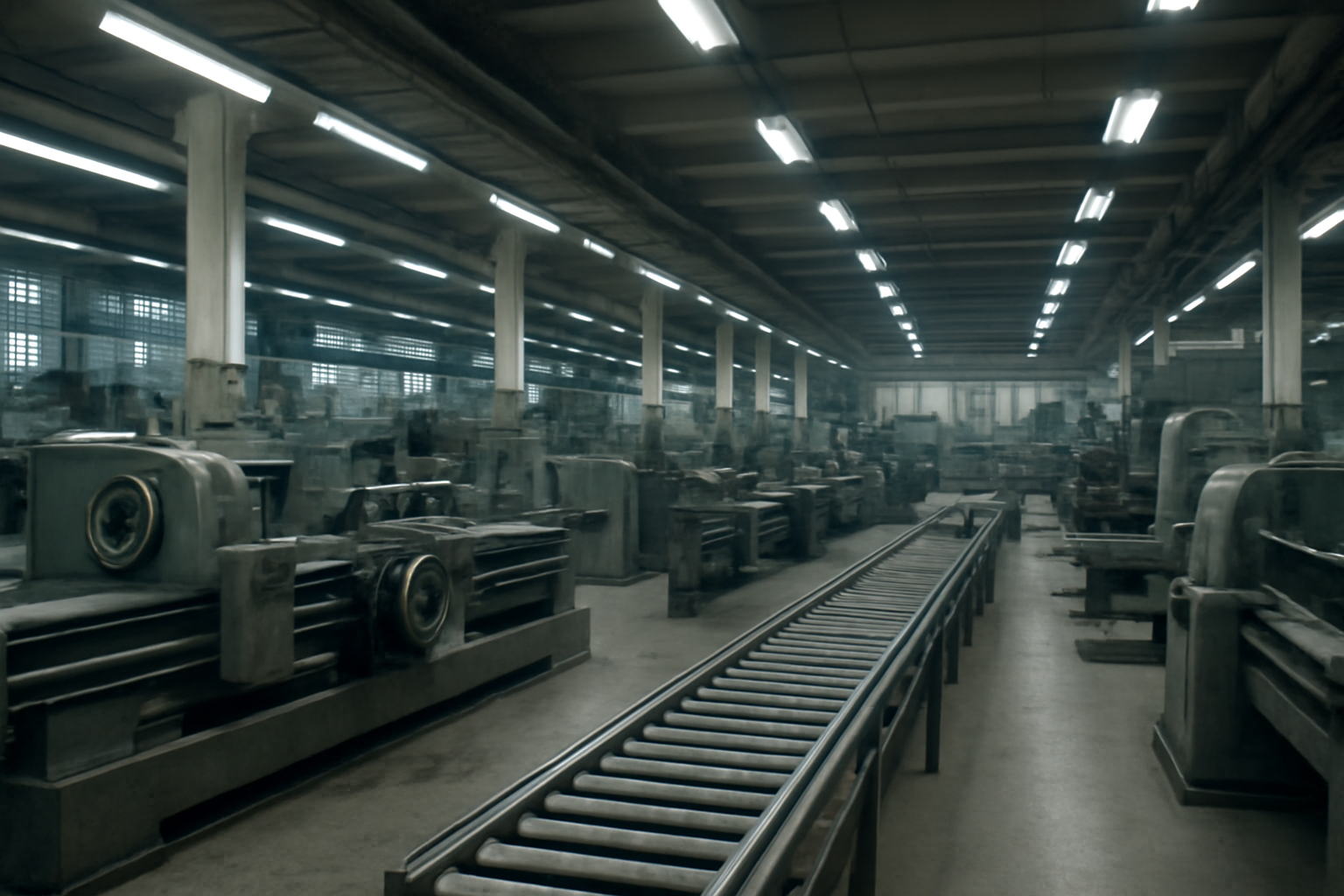 Empty factory floor with idle machinery under industrial lighting in Germany
