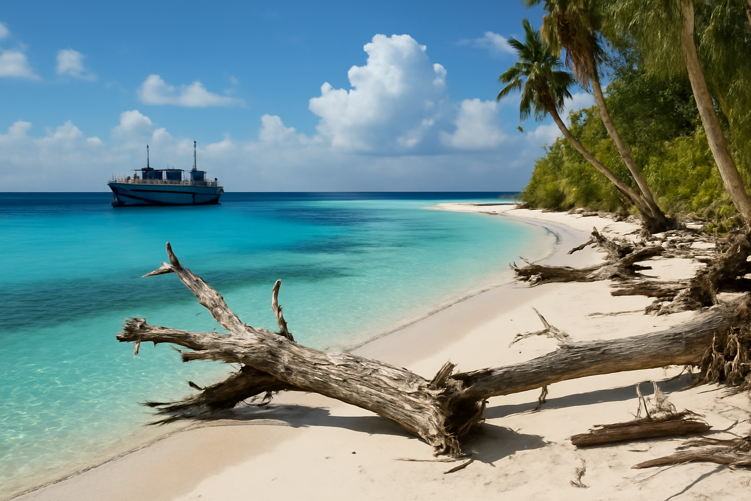 Blue lagoon and white sand shoreline on the uninhabited Nikumaroro atoll in Kiribati