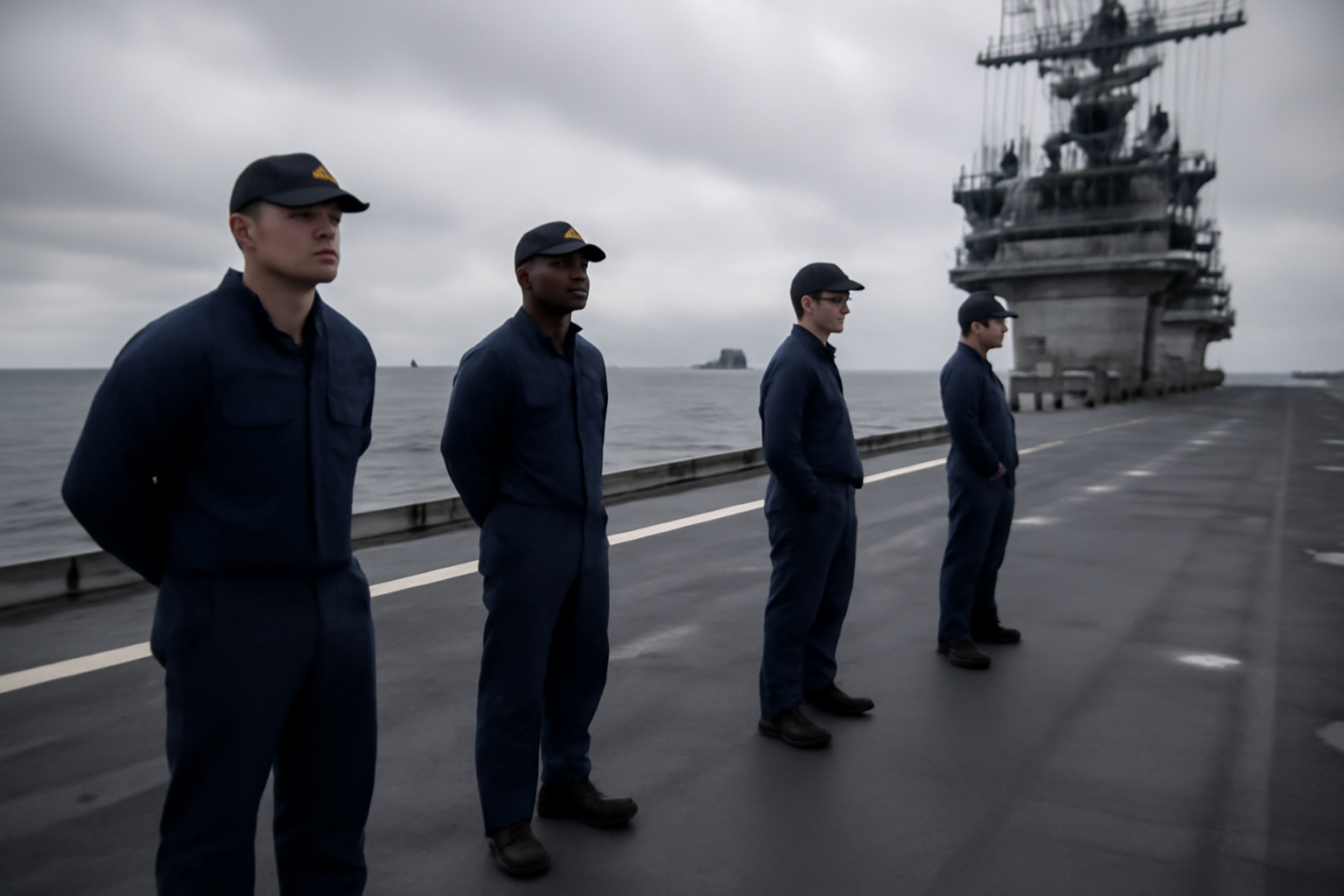 Sailors in uniform standing on the flight deck of an aircraft carrier at sea