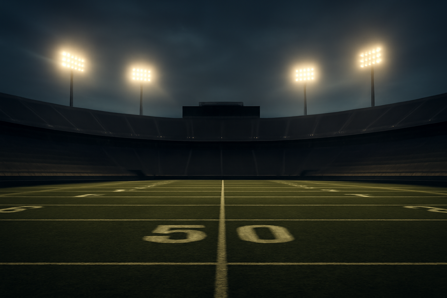 An empty college football stadium field under stadium lights at dusk