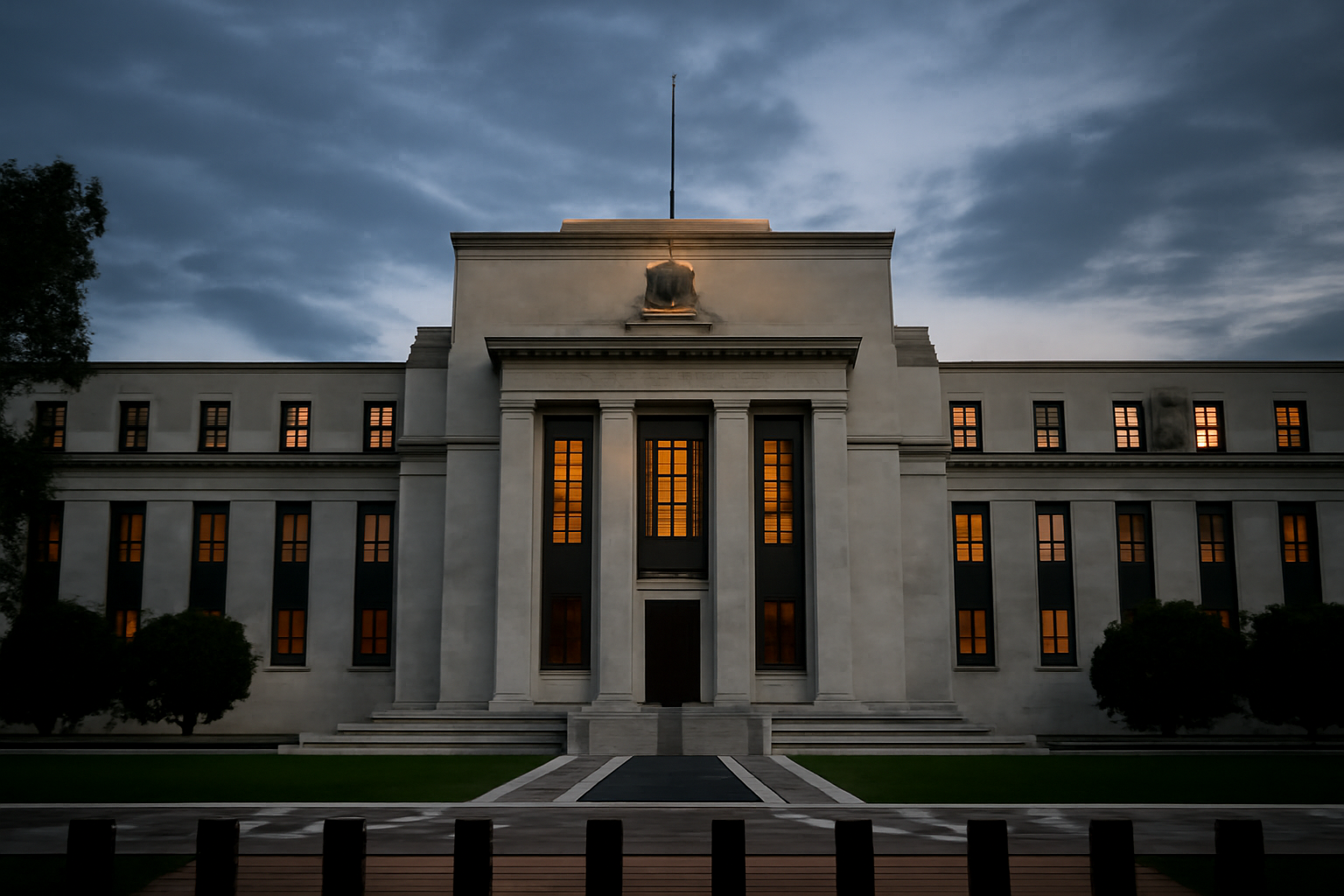 Federal Reserve building exterior in Washington with a data security overlay motif