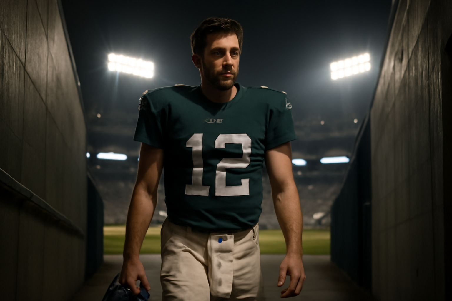 Dallas Cowboys quarterback walking through a stadium tunnel after a night game loss