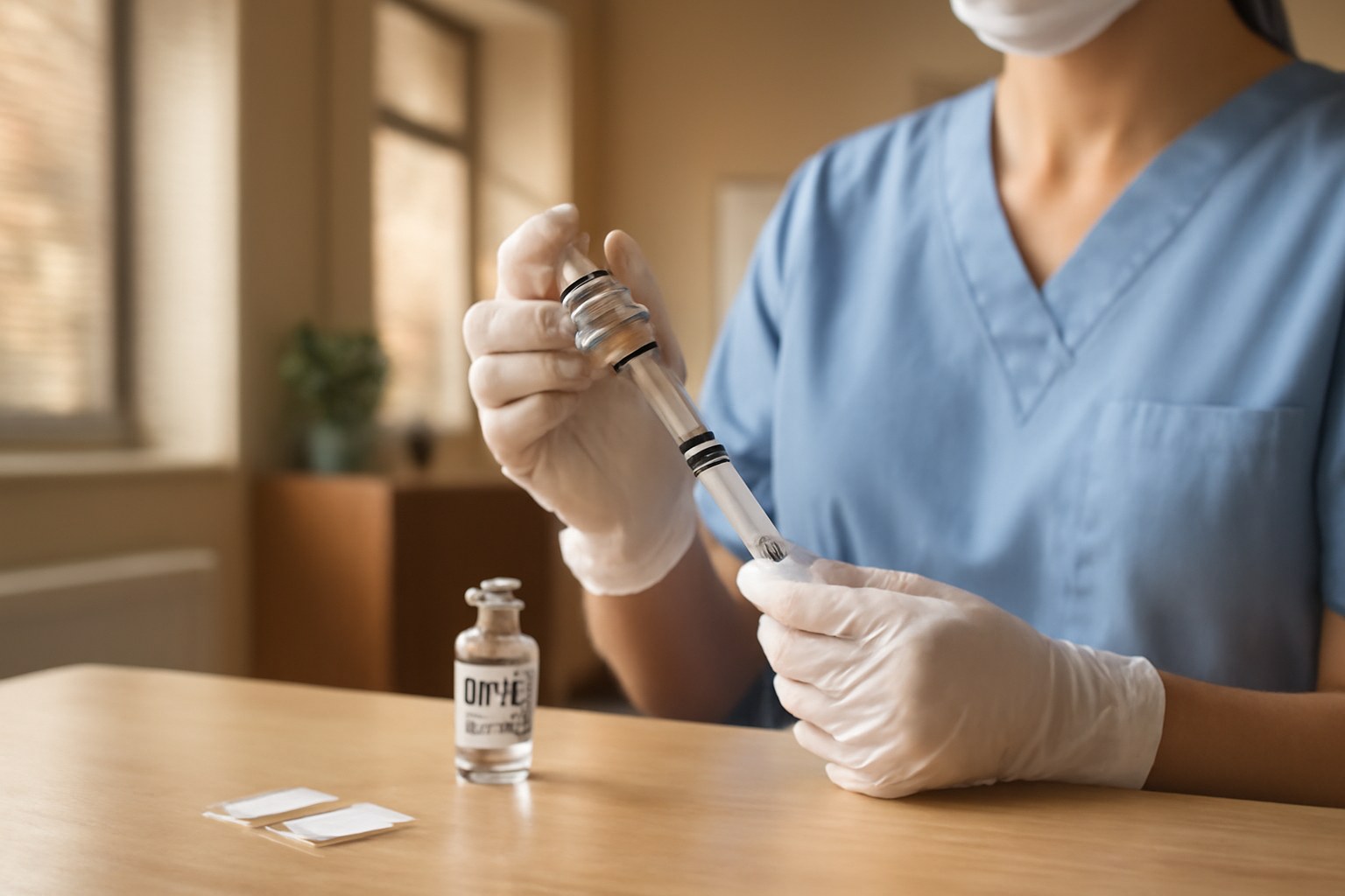 A gloved hand holding a vaccine vial and syringe on a clinic counter during flu shot season