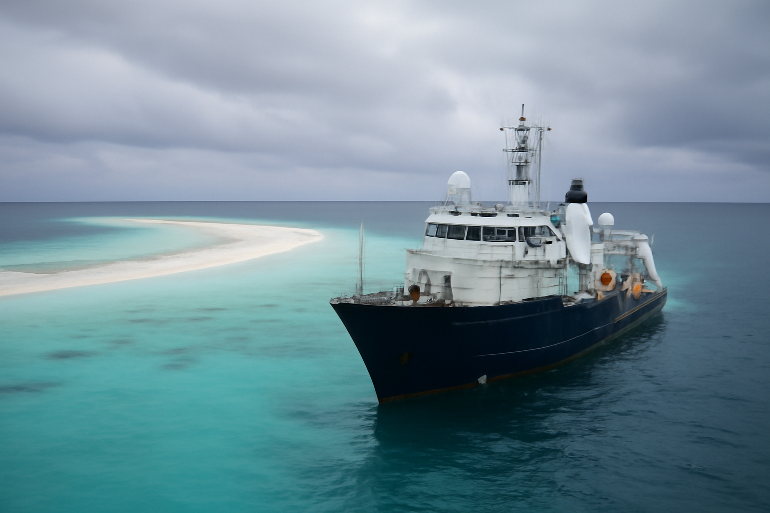 Research vessel approaching a remote coral atoll lagoon in the Pacific Ocean