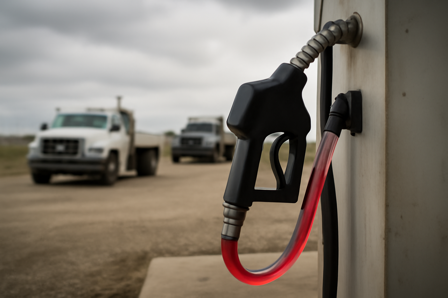 Diesel fuel pump at a rural fueling station with red dyed fuel visible through a clear hose