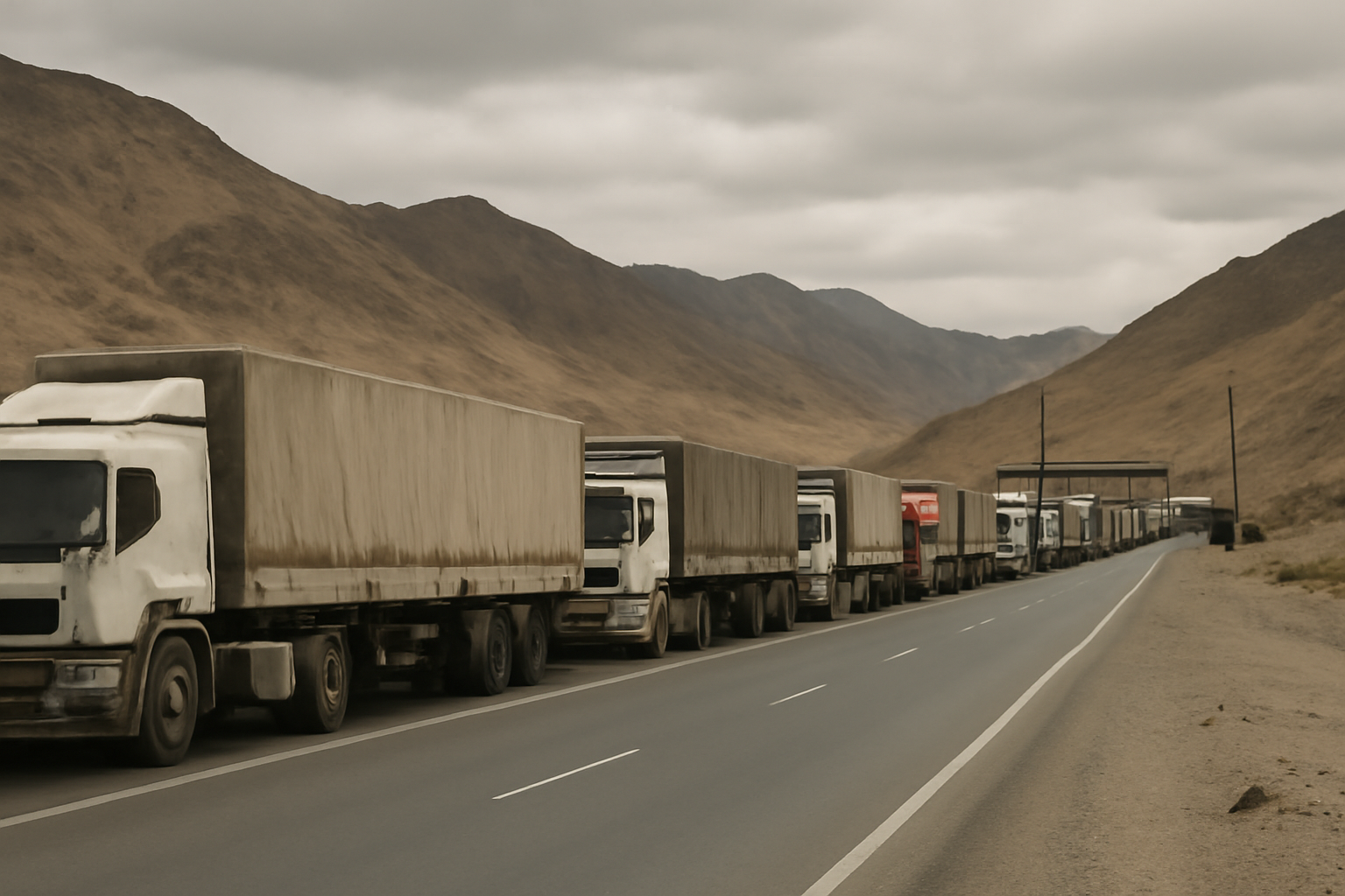 Rows of cargo trucks lined up at a desert border crossing checkpoint with mountains in the distance