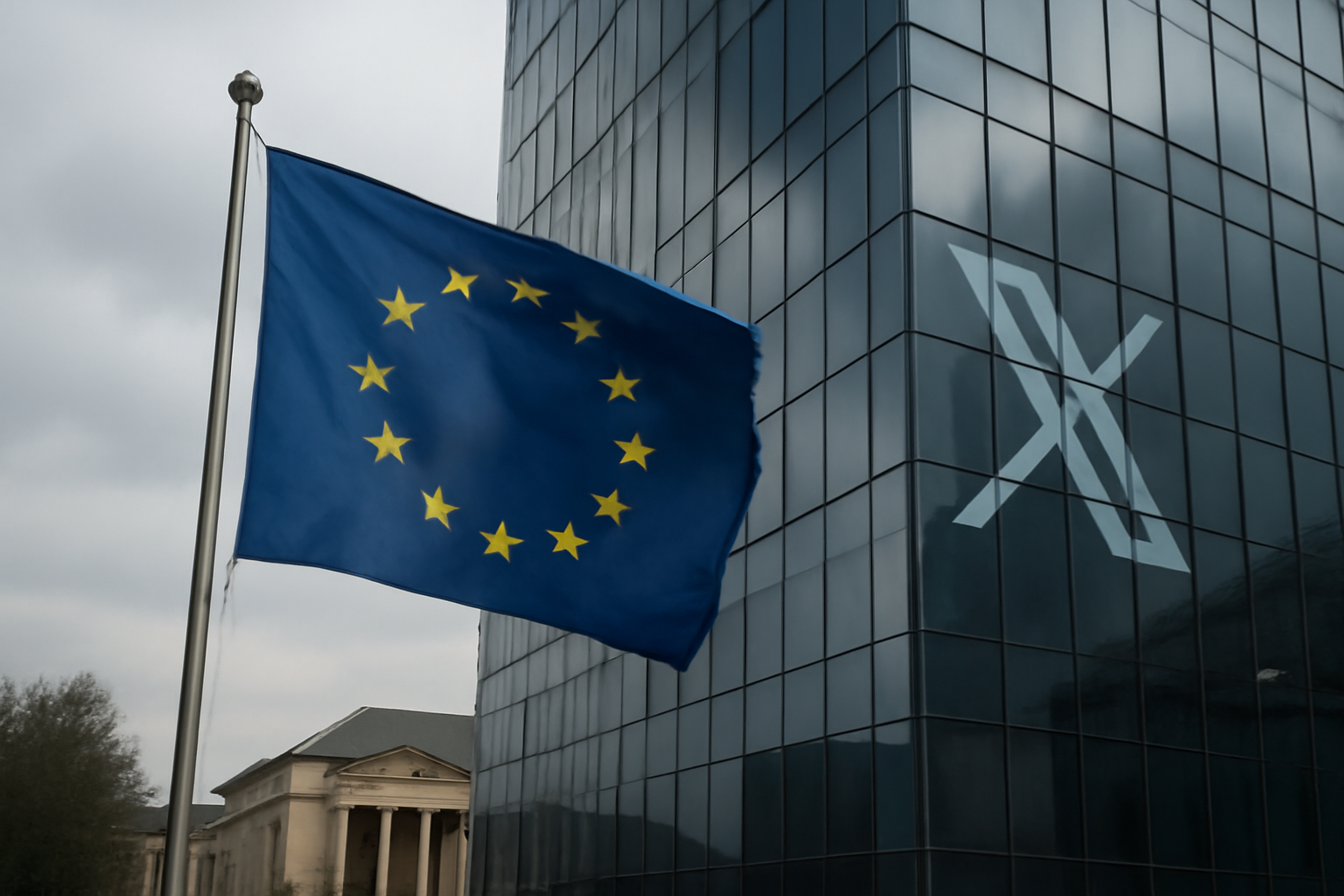 European Union flag and X logo displayed side by side outside a courthouse building