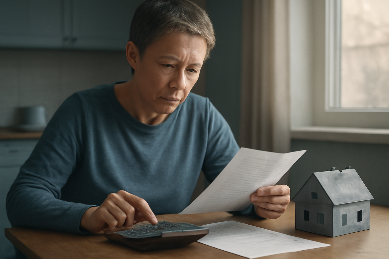 A homeowner reviews mortgage rate documents and a calculator at a kitchen table