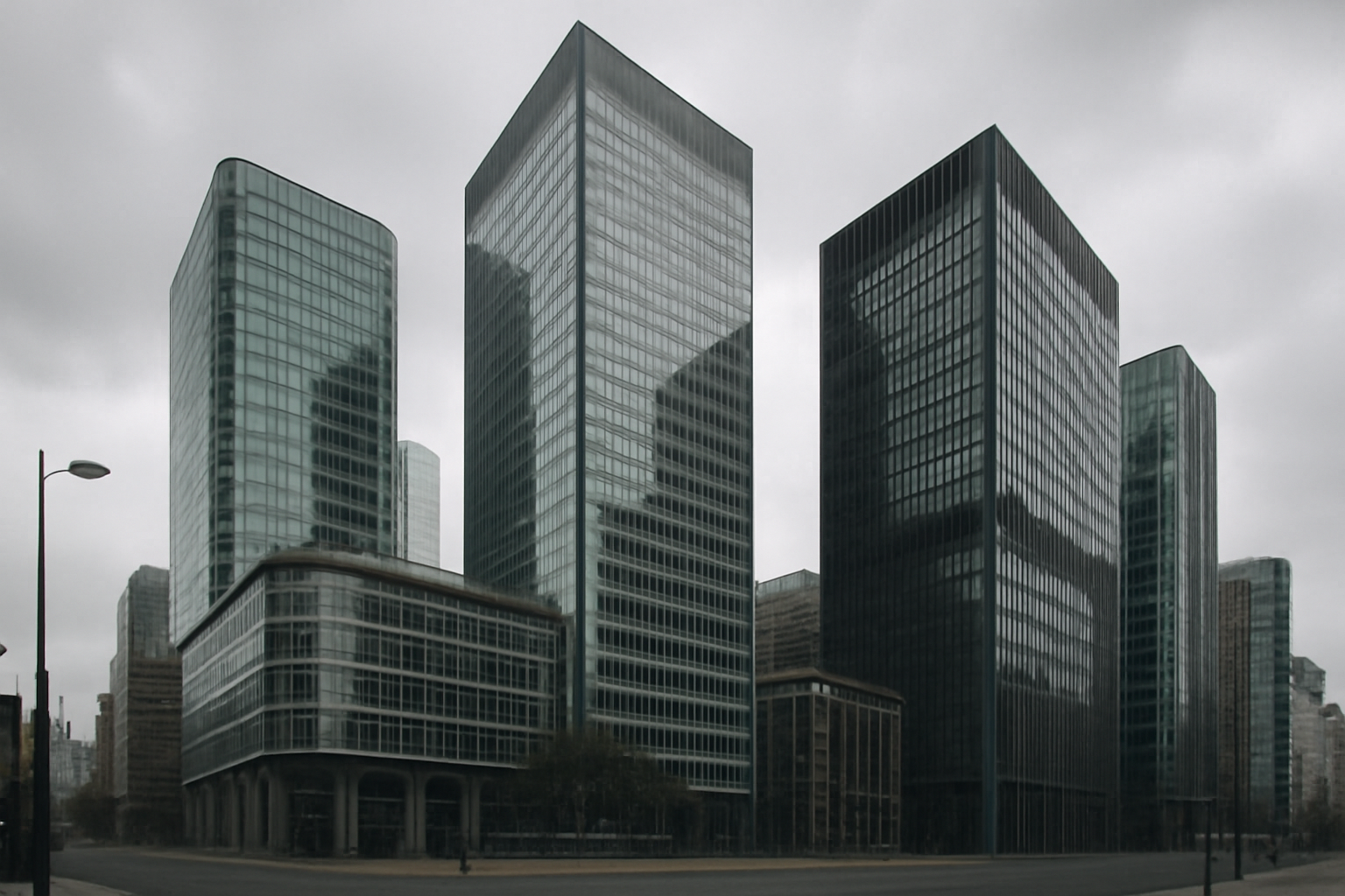 Exterior view of bank office towers in London's financial district under overcast sky