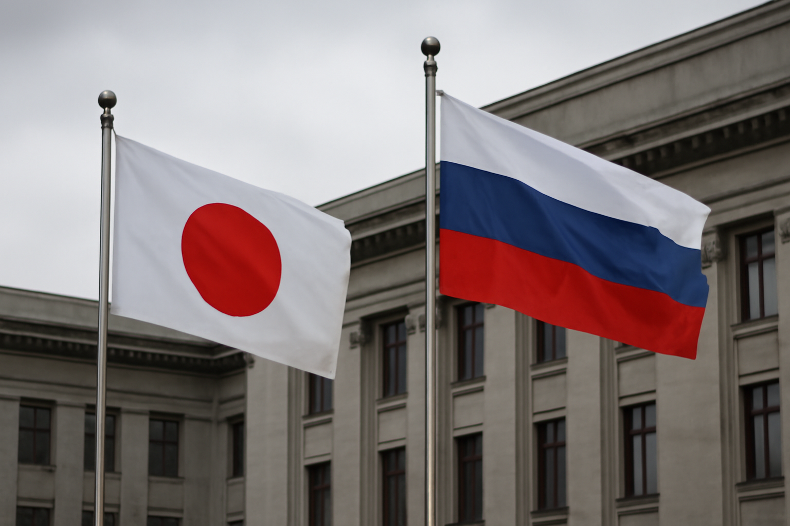 Japanese flag and Russian flag displayed side by side outside a government building
