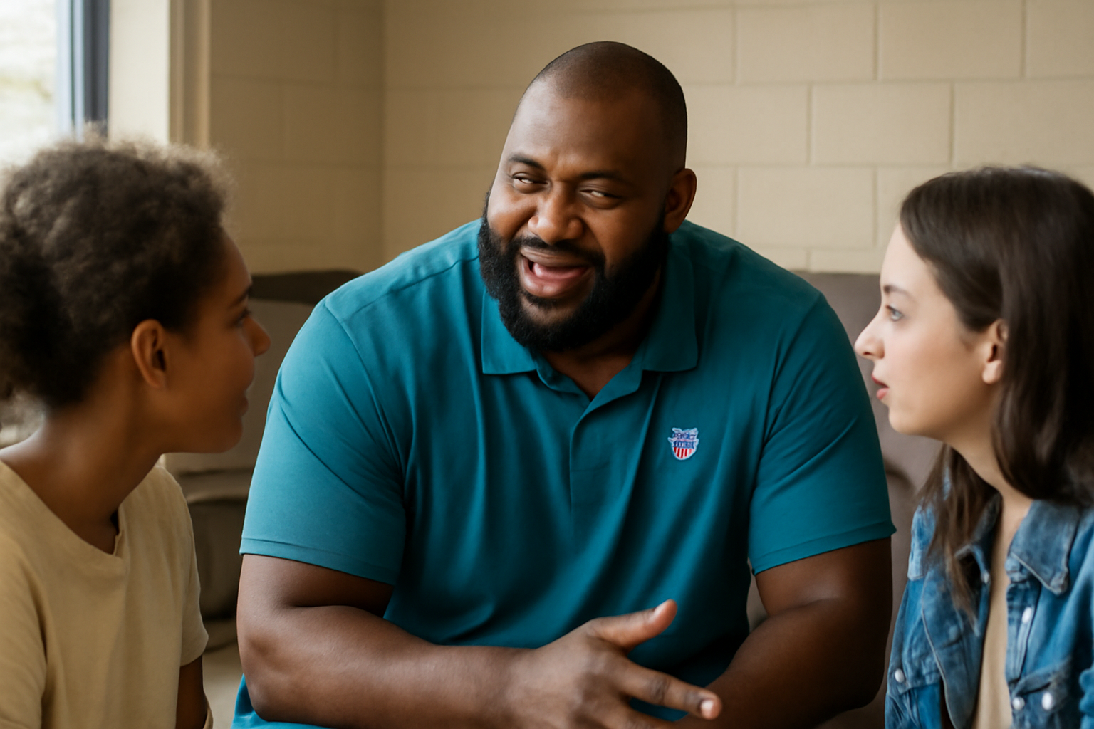 Buffalo Bills offensive lineman speaking with a small group of young adults during a community mentoring session