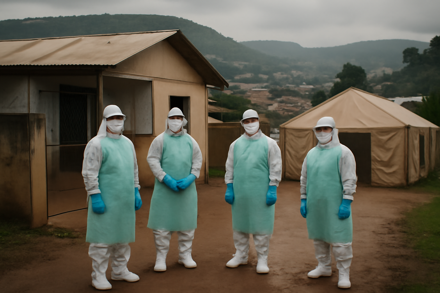 Health workers outside an Ebola treatment center in Butembo, Democratic Republic of Congo