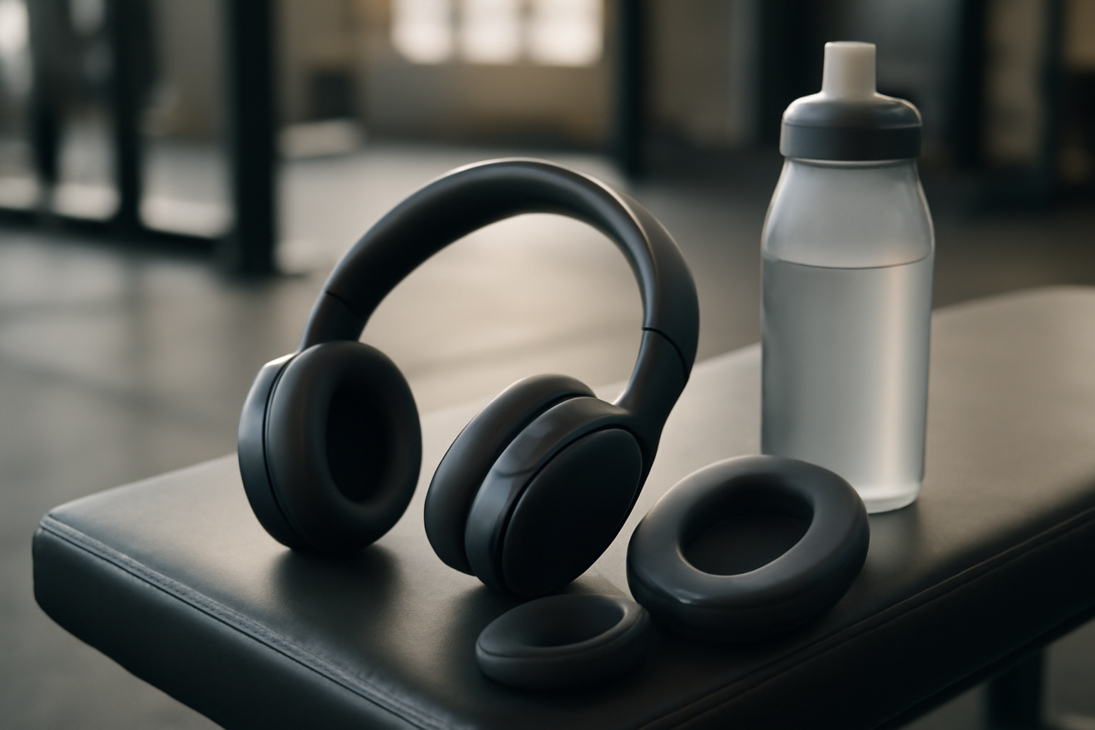 Close-up of over-ear headphones with swappable colored ear cushions on a gym bench