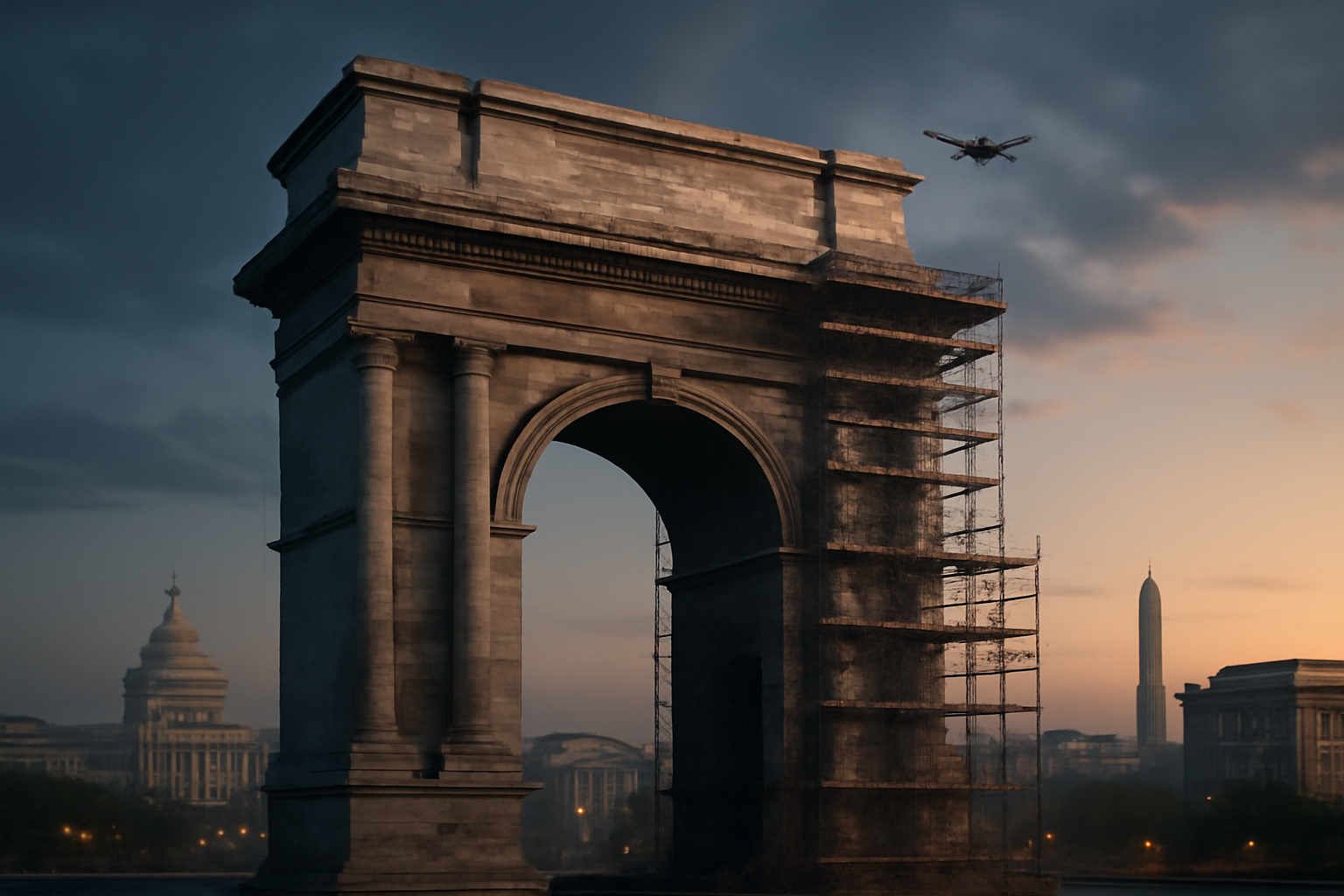 A tall stone arch under construction in a city skyline with a drone hovering nearby