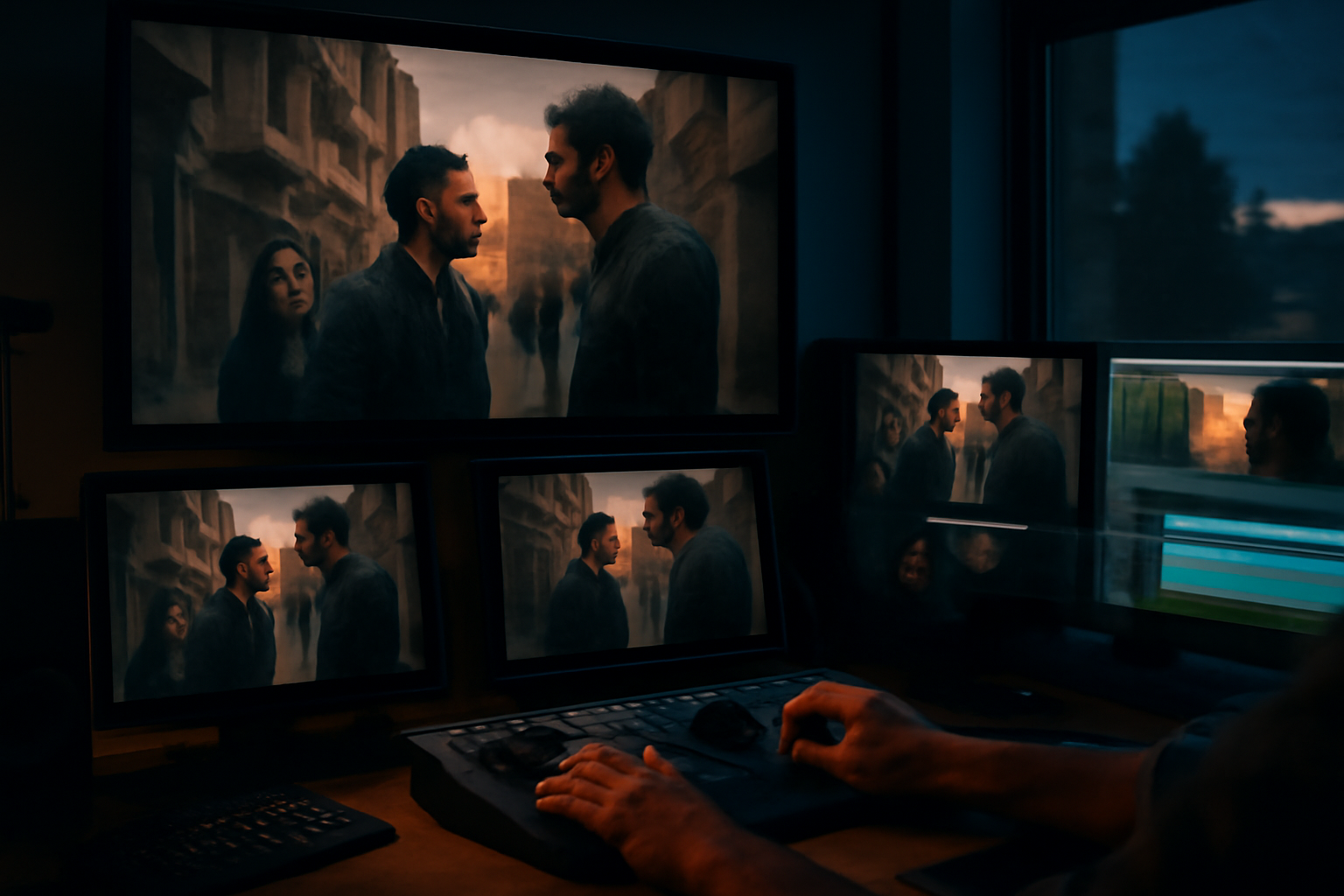 A film editing bay with monitors showing a tense television drama scene set against a Middle Eastern urban backdrop