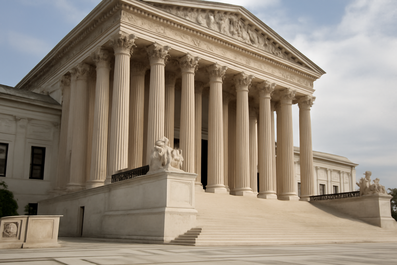 Exterior view of the U.S. Supreme Court building with its marble columns under daylight
