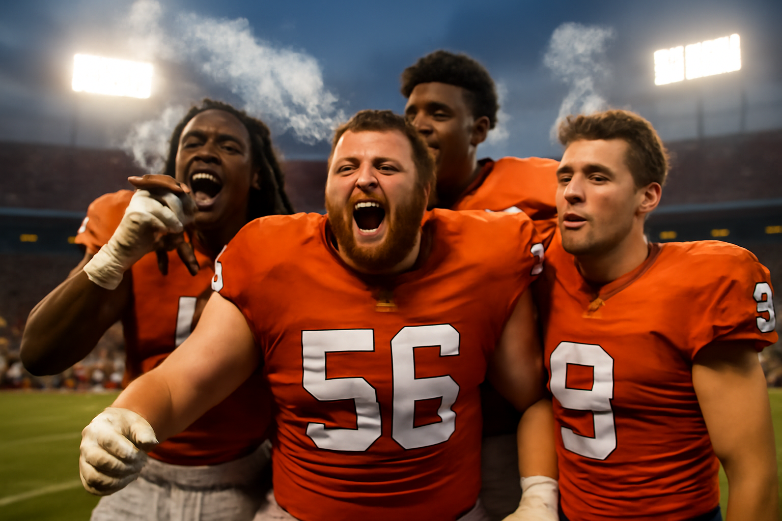 Texas Longhorns players celebrating with cigar smoke on the field after a road win over Tennessee