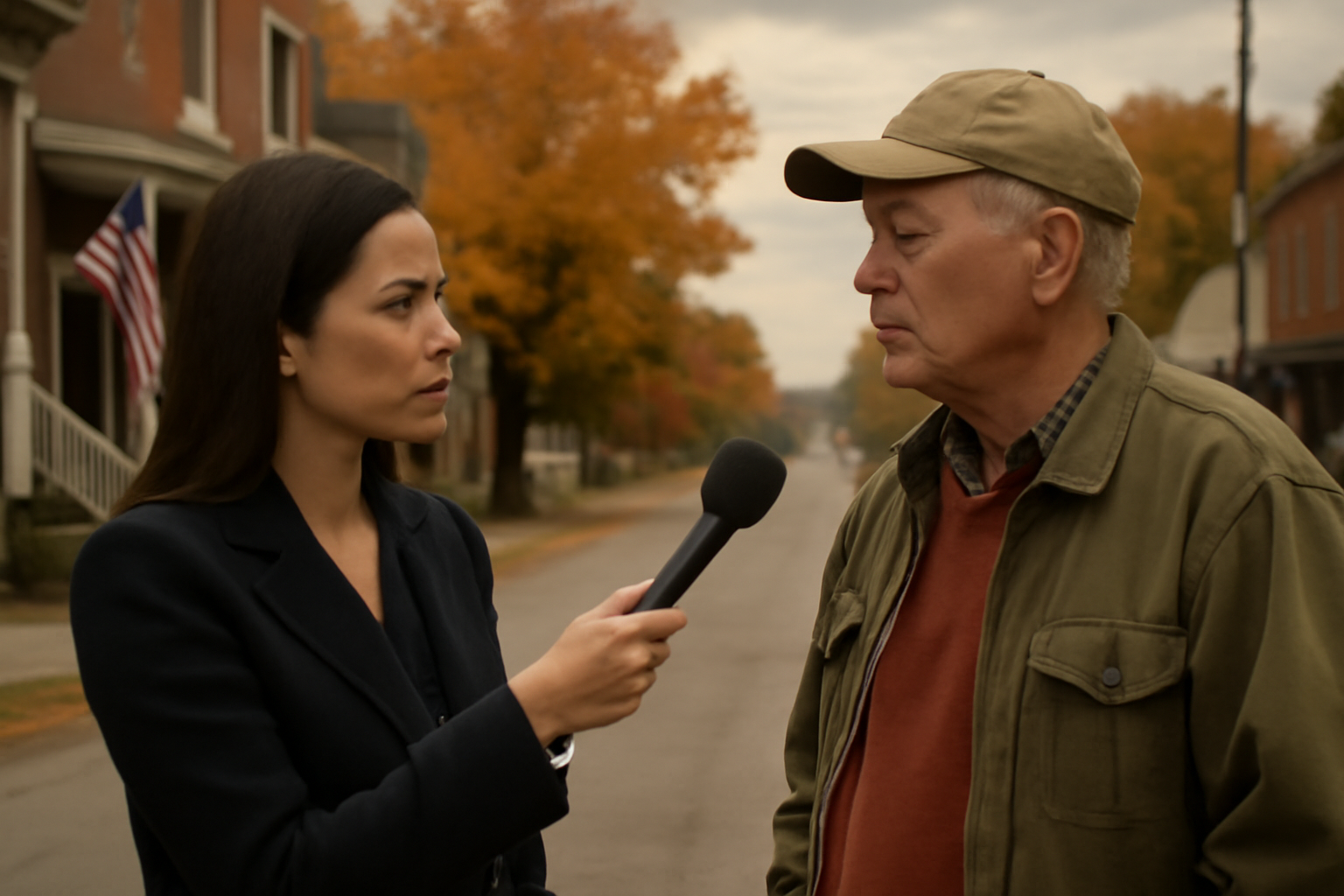 A television correspondent holding a microphone interviews a voter on a rural Nebraska street lined with autumn trees