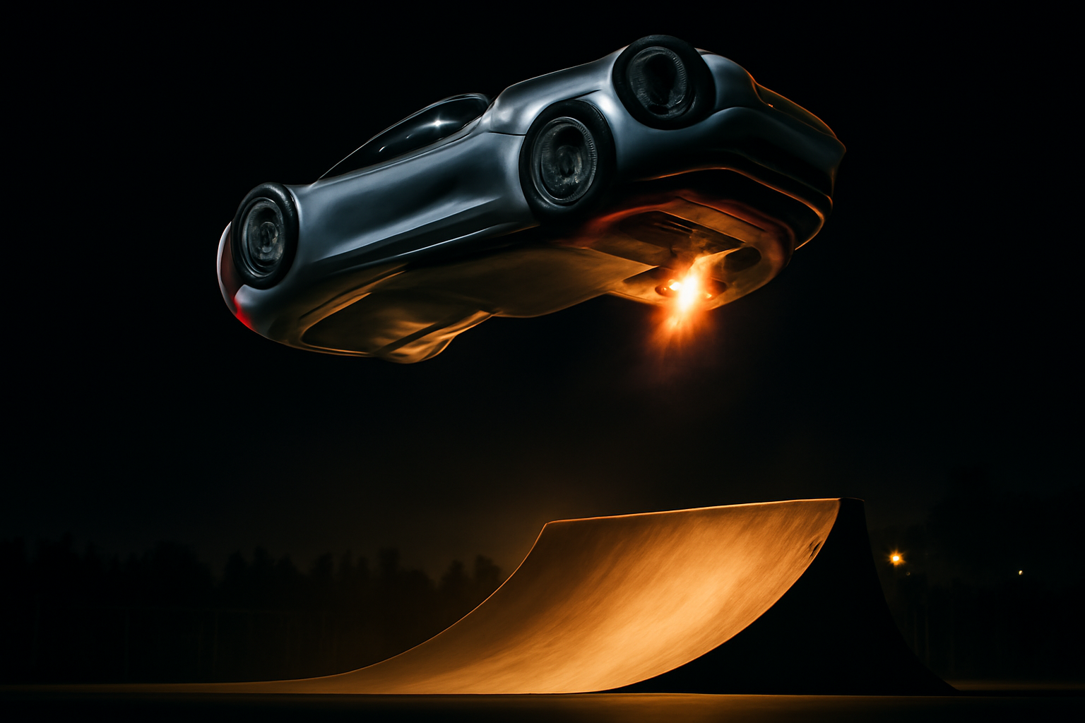 A silver sports car airborne above a ramp during a nighttime demonstration event