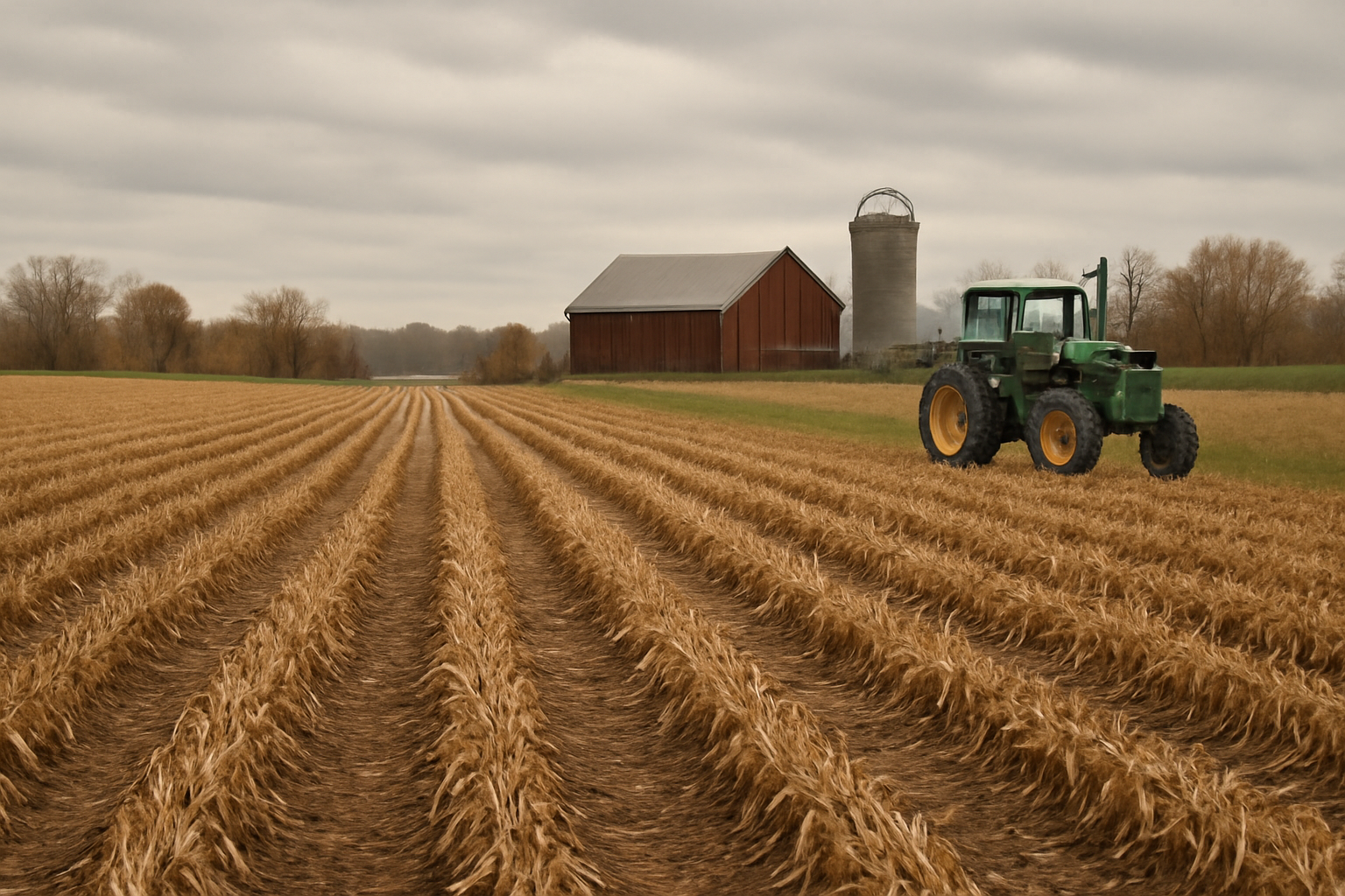 A farmworker stands in a Wisconsin cornfield near idle harvesting equipment under an overcast sky
