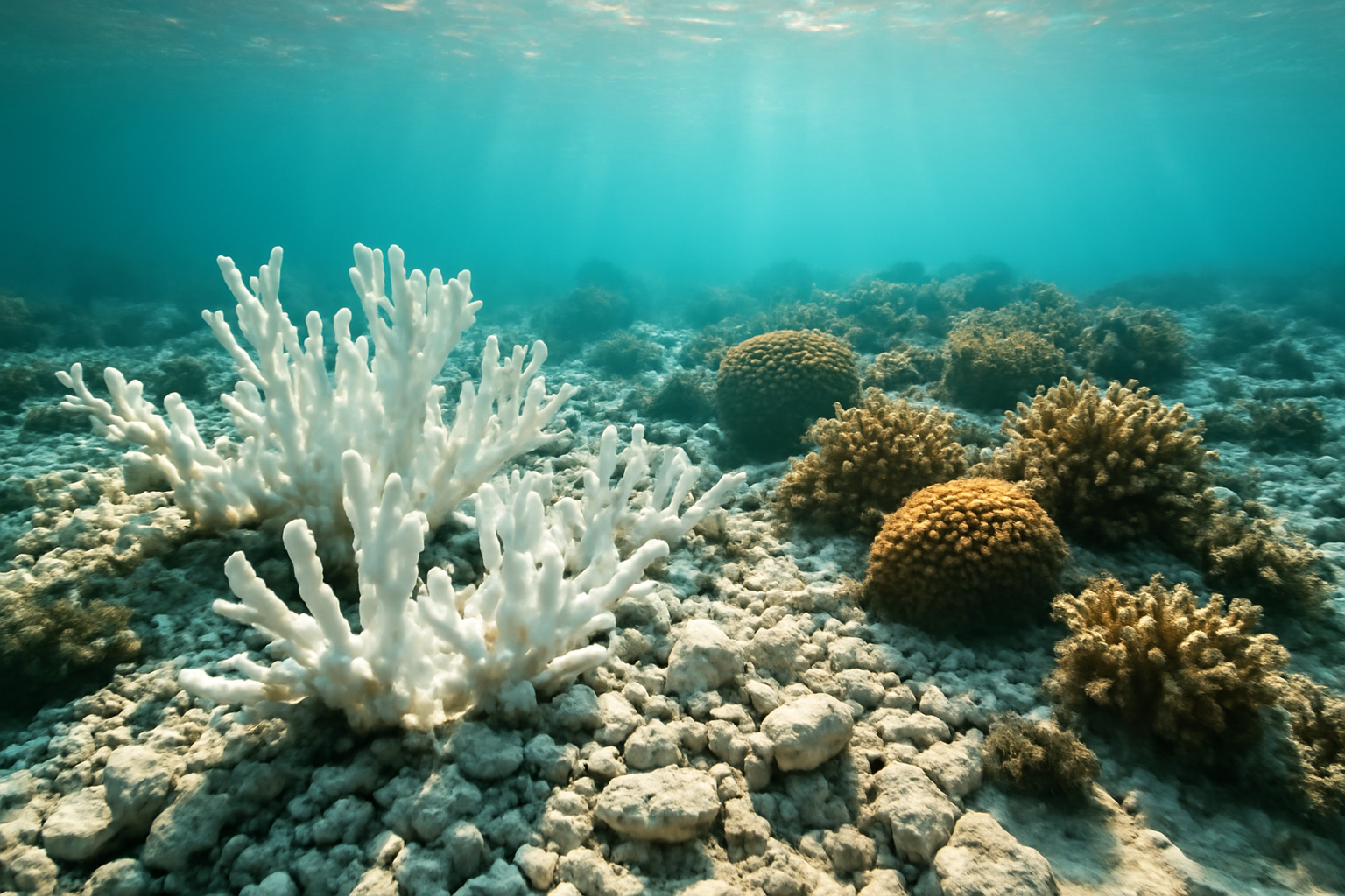 Bleached white coral skeletons on a shallow reef with a few surviving fish swimming past