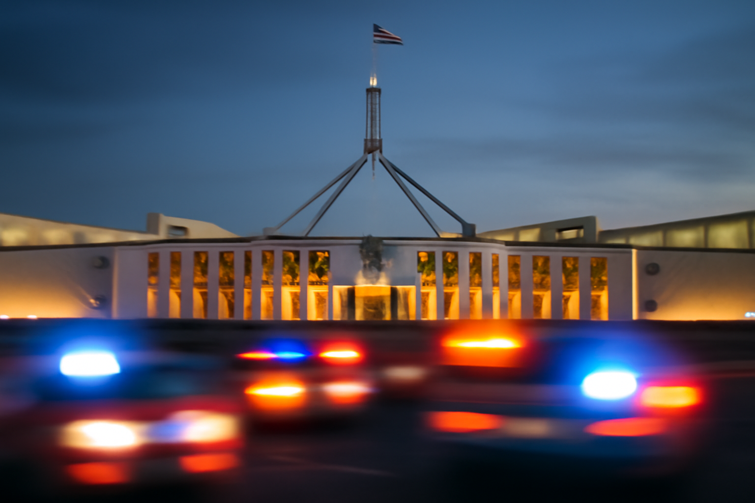 Australian Parliament House exterior with emergency vehicle lights visible in the distance