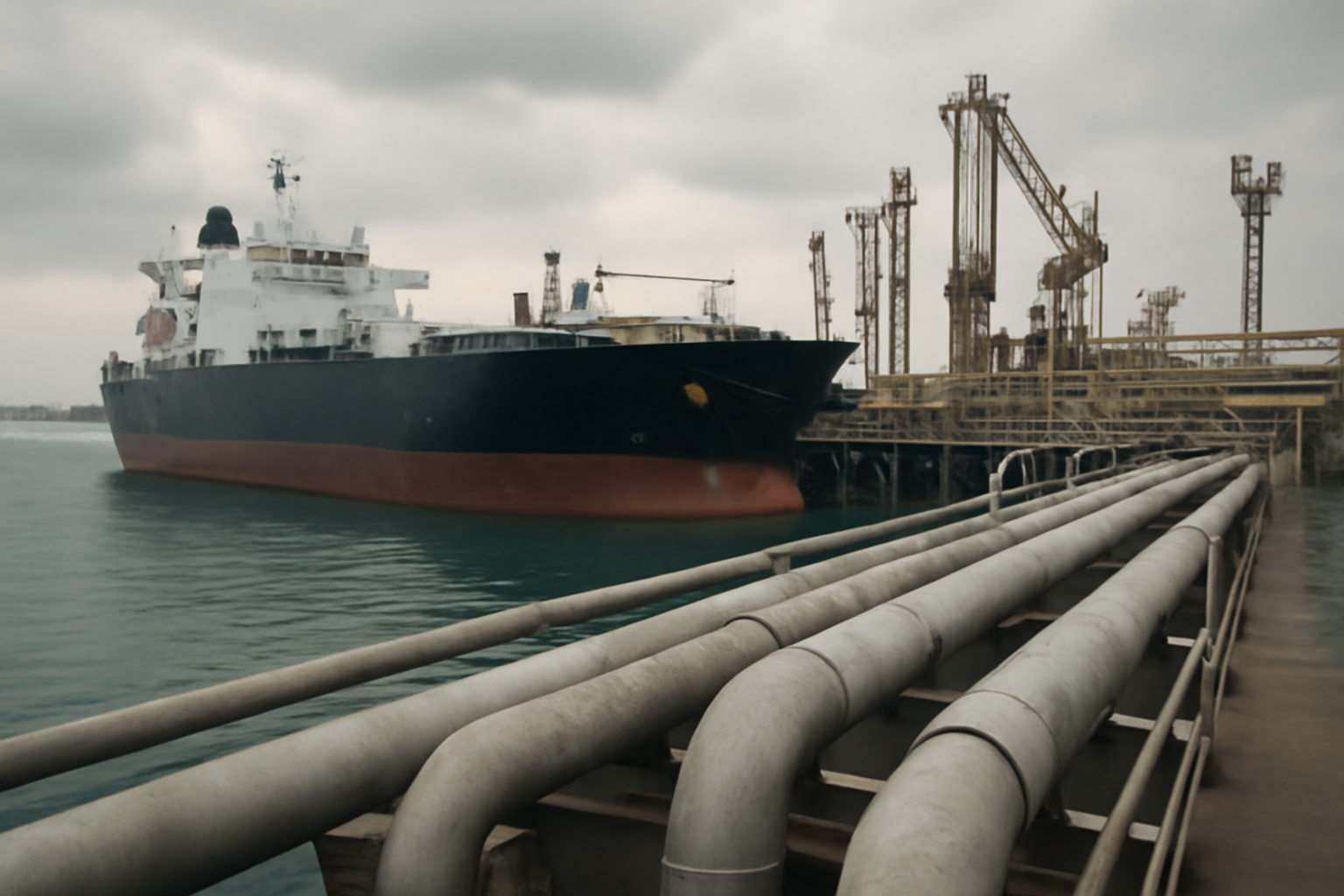 Oil tanker docked at a Gulf port terminal with pipeline infrastructure in the foreground
