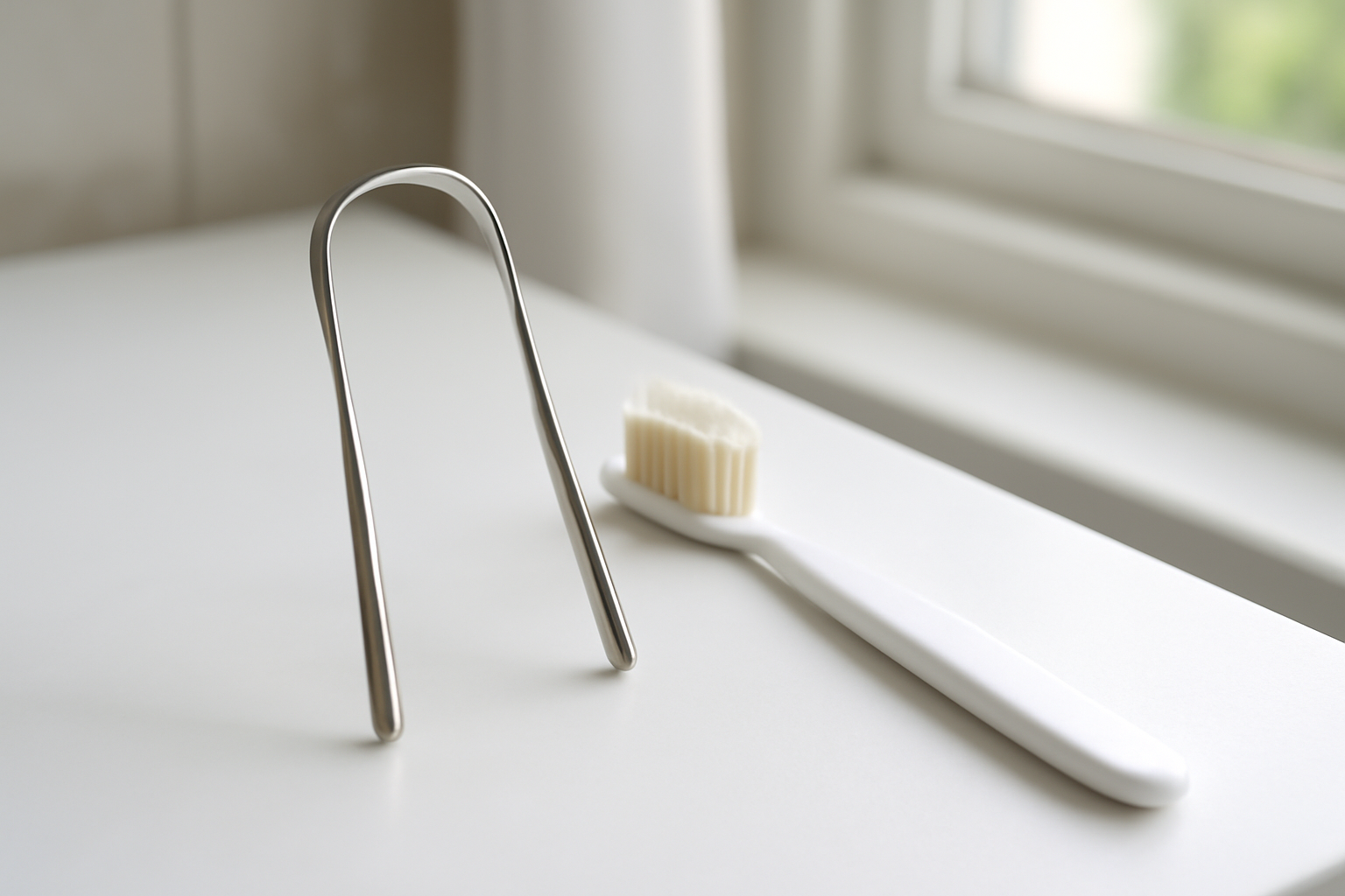 A stainless steel tongue scraper resting next to a toothbrush on a bathroom sink