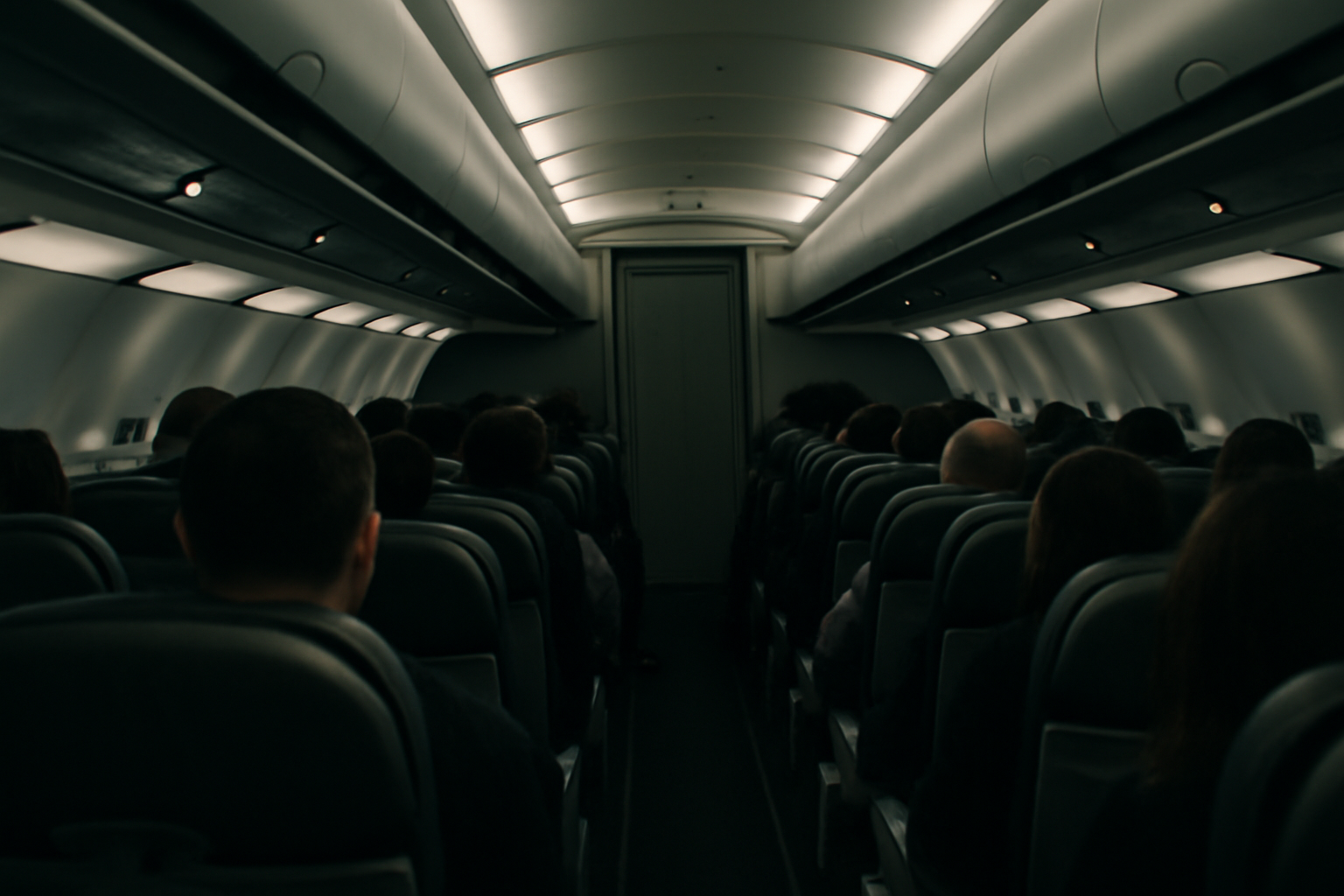 Interior of a commercial airplane cabin during a flight with the cockpit door visible