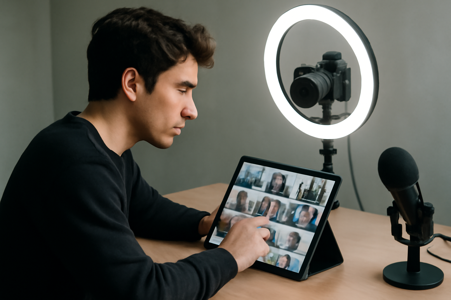 A content creator reviews AI-generated video thumbnail options on a tablet in a home studio setup