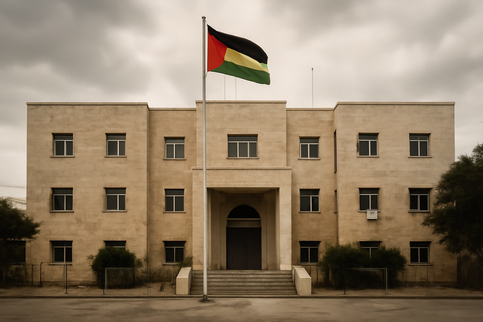 Government office building in the West Bank with a Palestinian flag outside