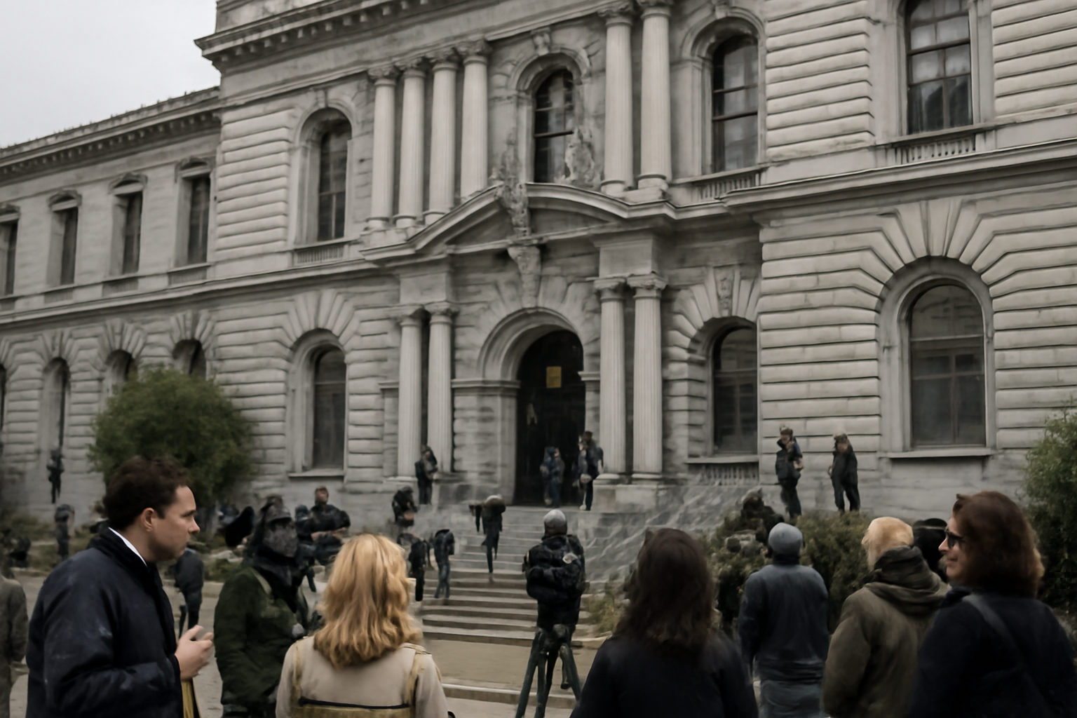 Exterior of a federal courthouse with reporters gathered near the entrance