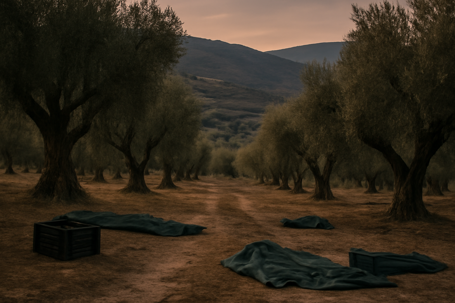 Olive trees in a West Bank grove with harvest baskets left on the ground
