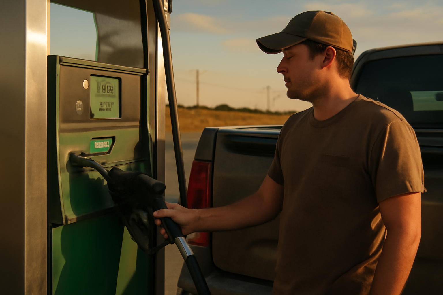 A person filling a vehicle with diesel fuel at a gas station pump