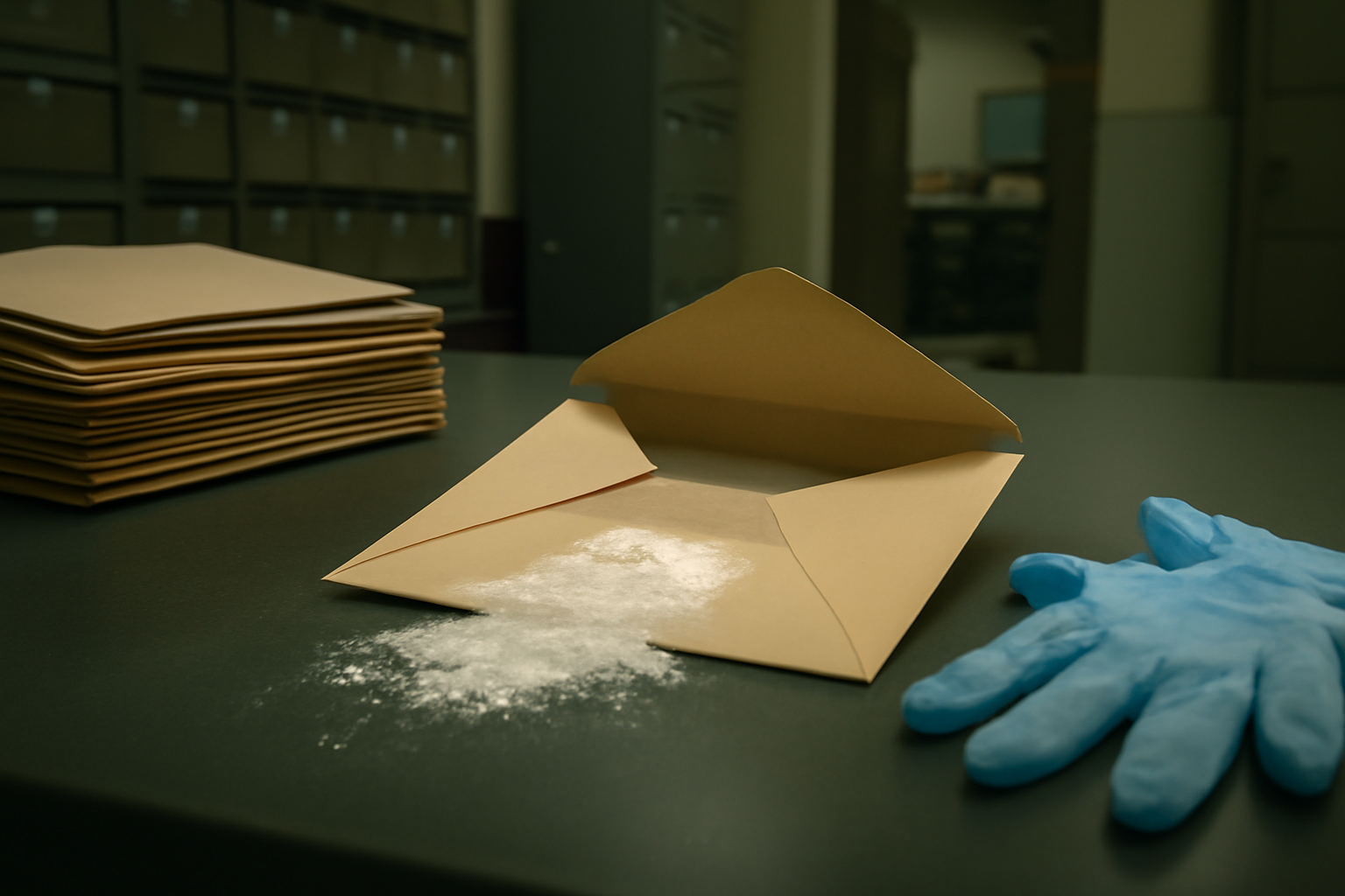 Sealed envelope and white powder beside a state election office mail tray