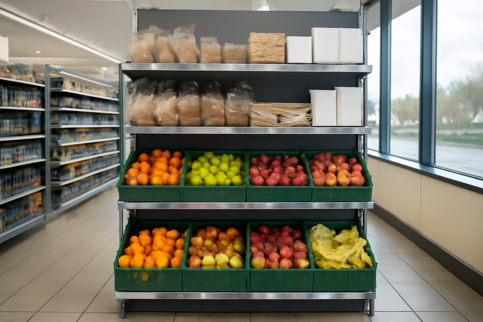 Empty end-of-aisle supermarket display shelf where sugary snacks used to sit