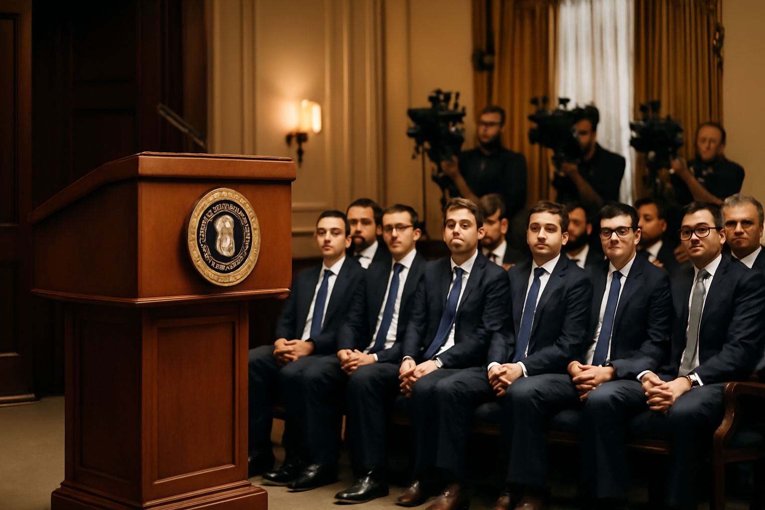 Silicon Valley executives seated near a White House lectern during an AI policy announcement