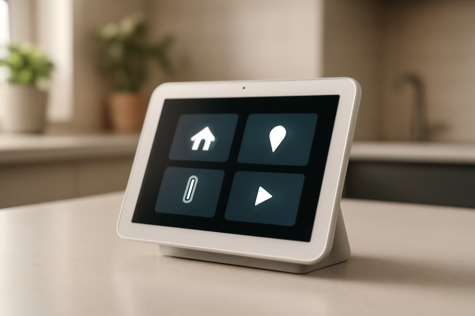 A countertop smart home display with a touchscreen interface sitting in a modern kitchen