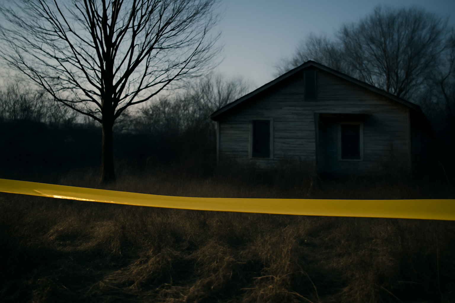 Police tape strung across the backyard of an abandoned house behind a tree line in Jackson, Mississippi.