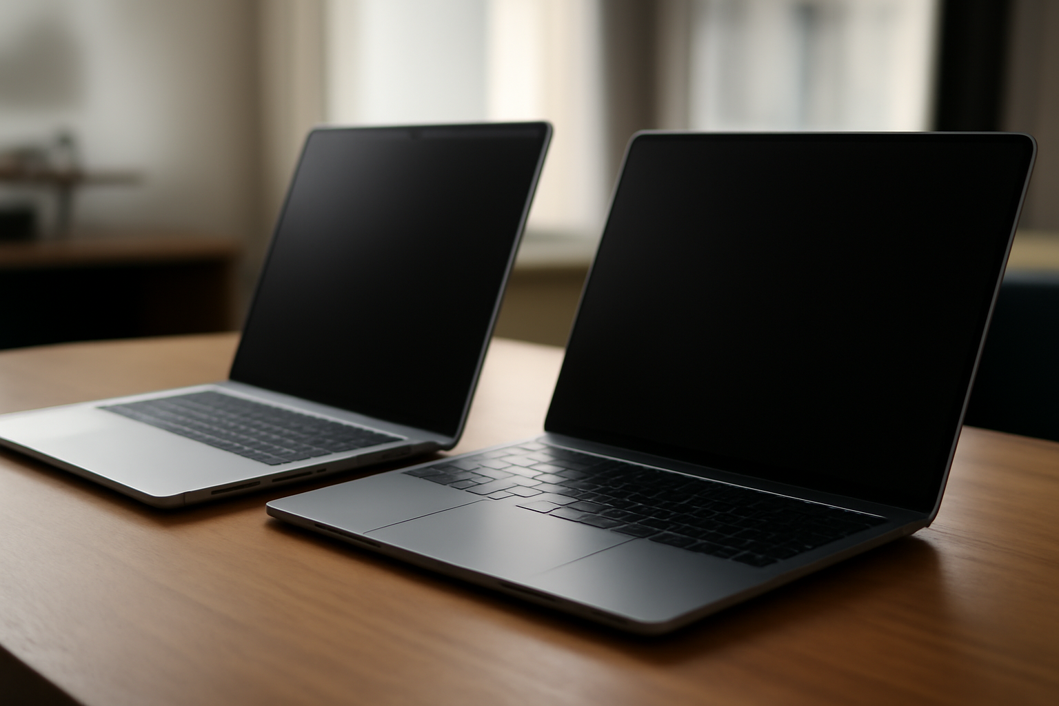 A Chromebook and an Android-based laptop sitting side by side on a desk