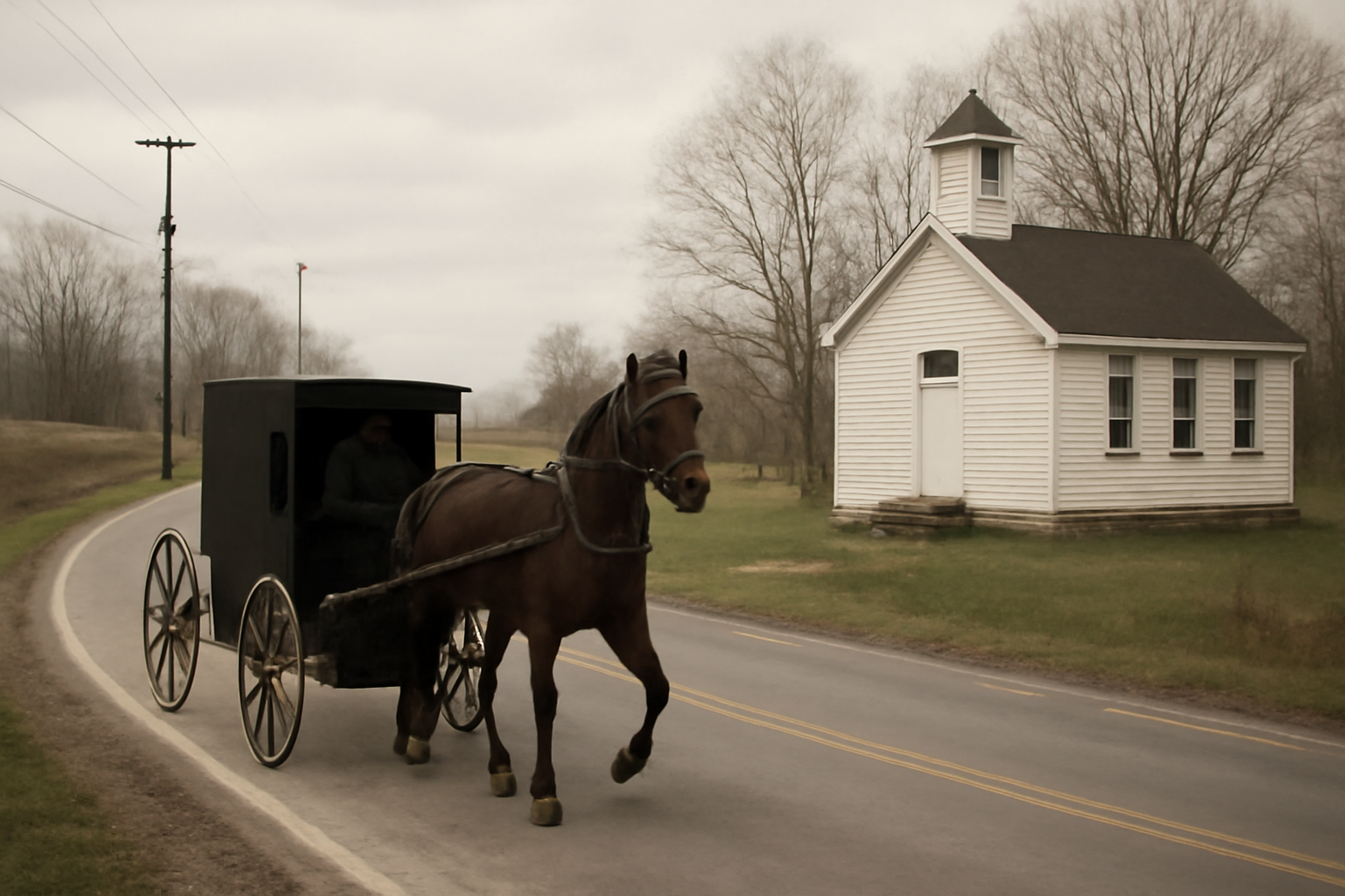 Amish horse-drawn buggy traveling a rural New York road past a small schoolhouse