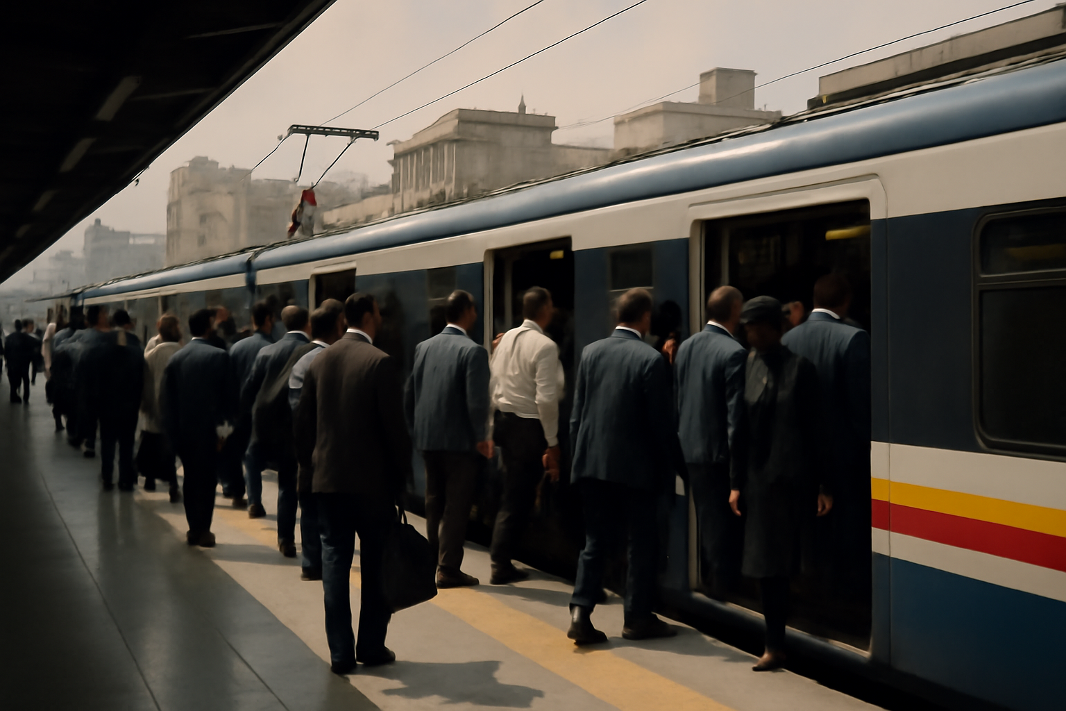Commuters wait at a Tehran metro platform beside a government office building at midday