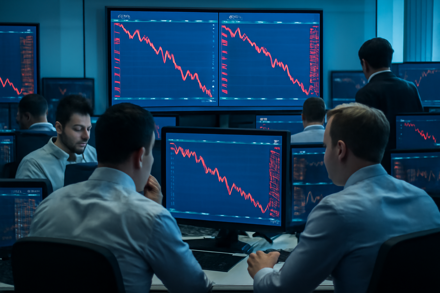 Rows of financial trading terminals displaying falling French government bond prices during a volatile trading session