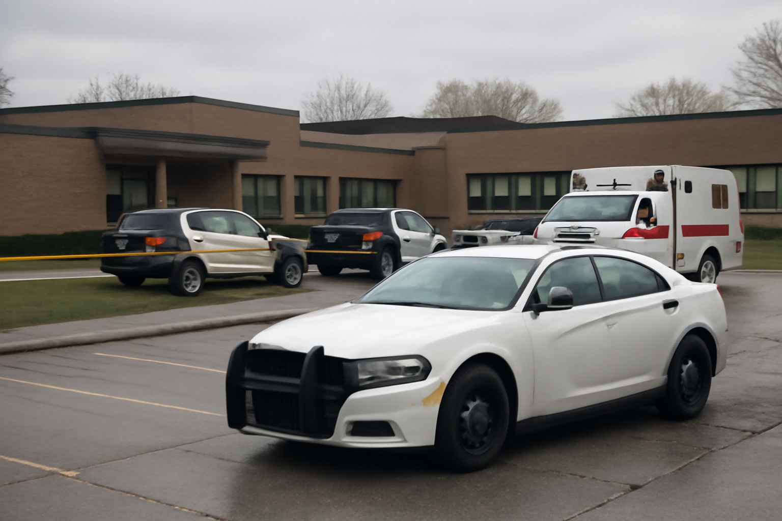 Police vehicles and emergency responders outside an elementary school building in Bend, Oregon