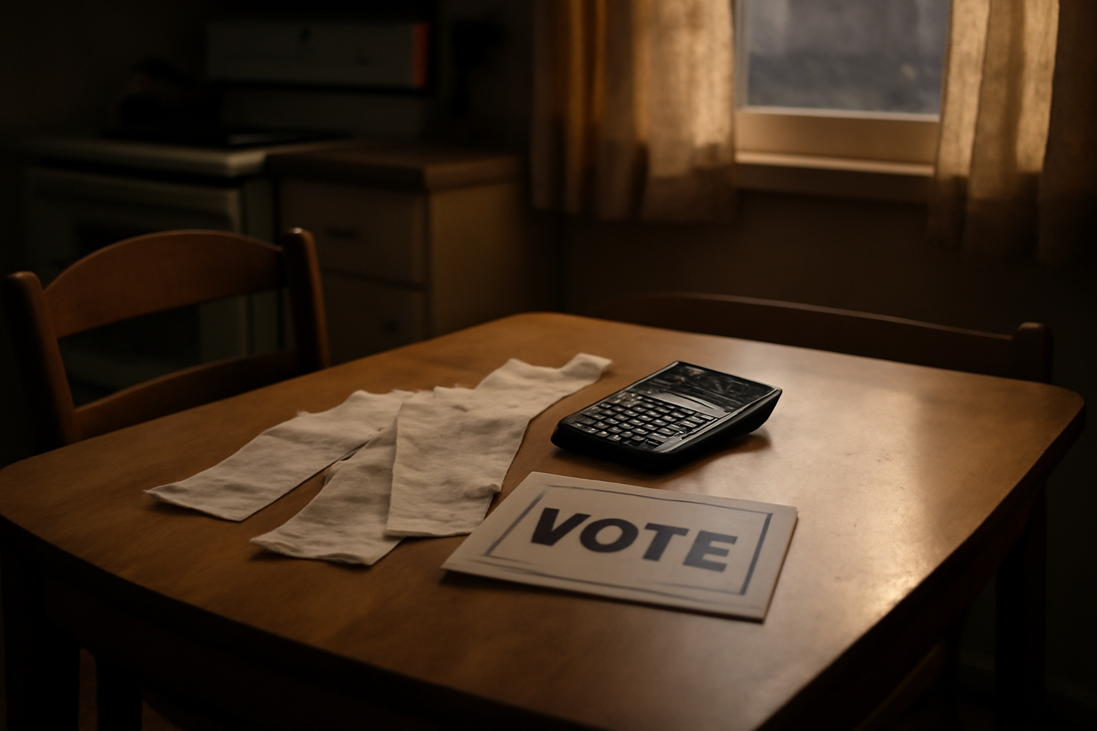 A kitchen table covered with grocery receipts and a voter registration card