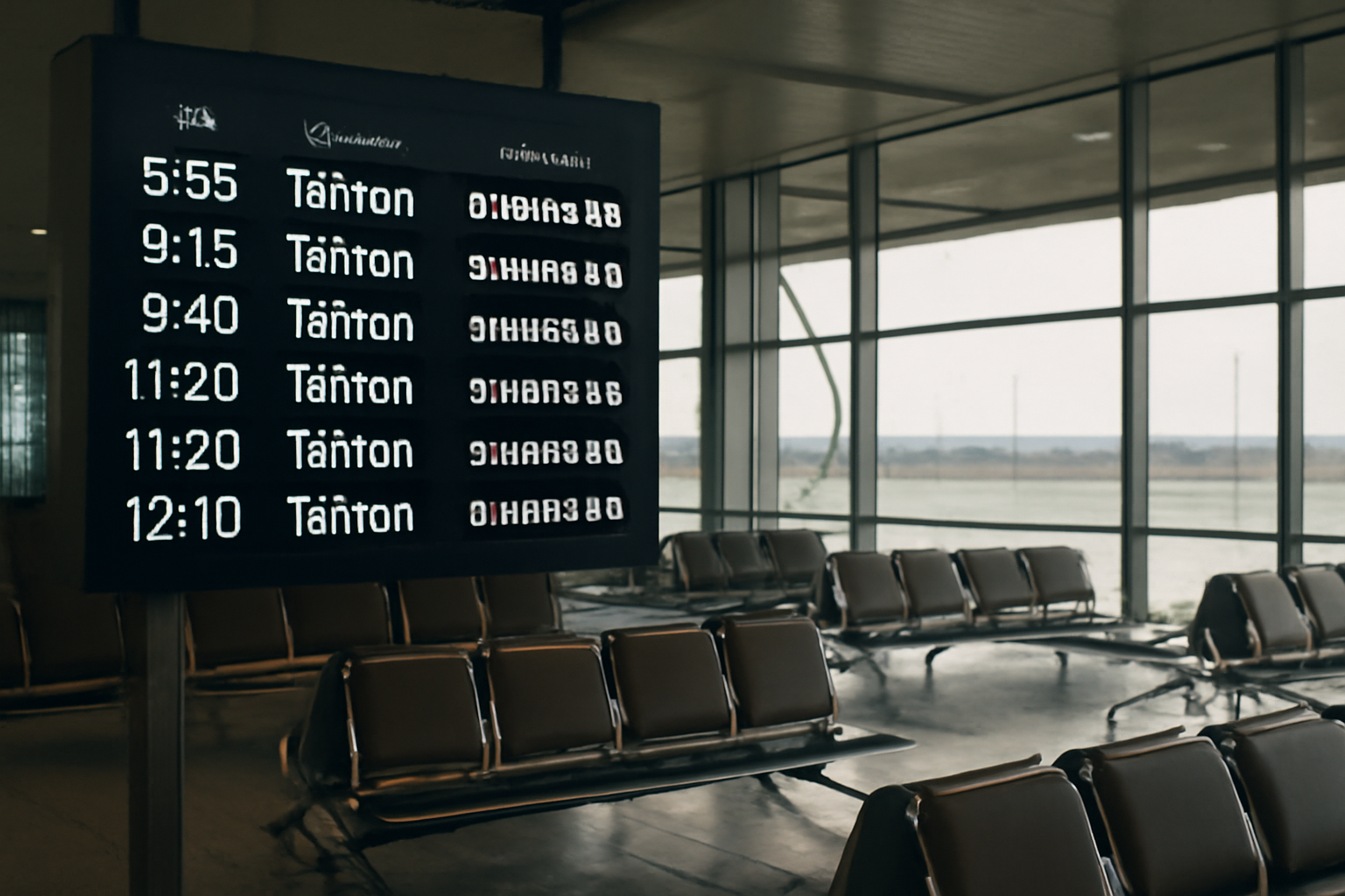 An airport departure board showing multiple canceled flights to Tehran