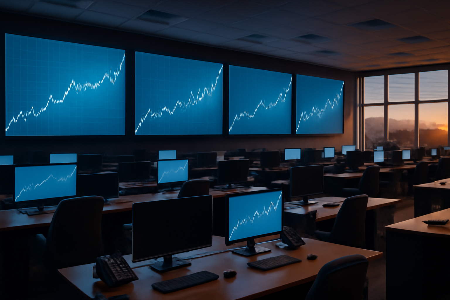 Empty government treasury bond trading floor with digital yield displays at dusk